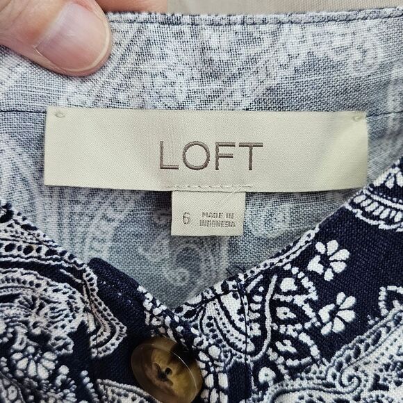LOFT Blue Paisley Linen Blend Button Front Summer Dress Size 6 - Picture 7 of 11